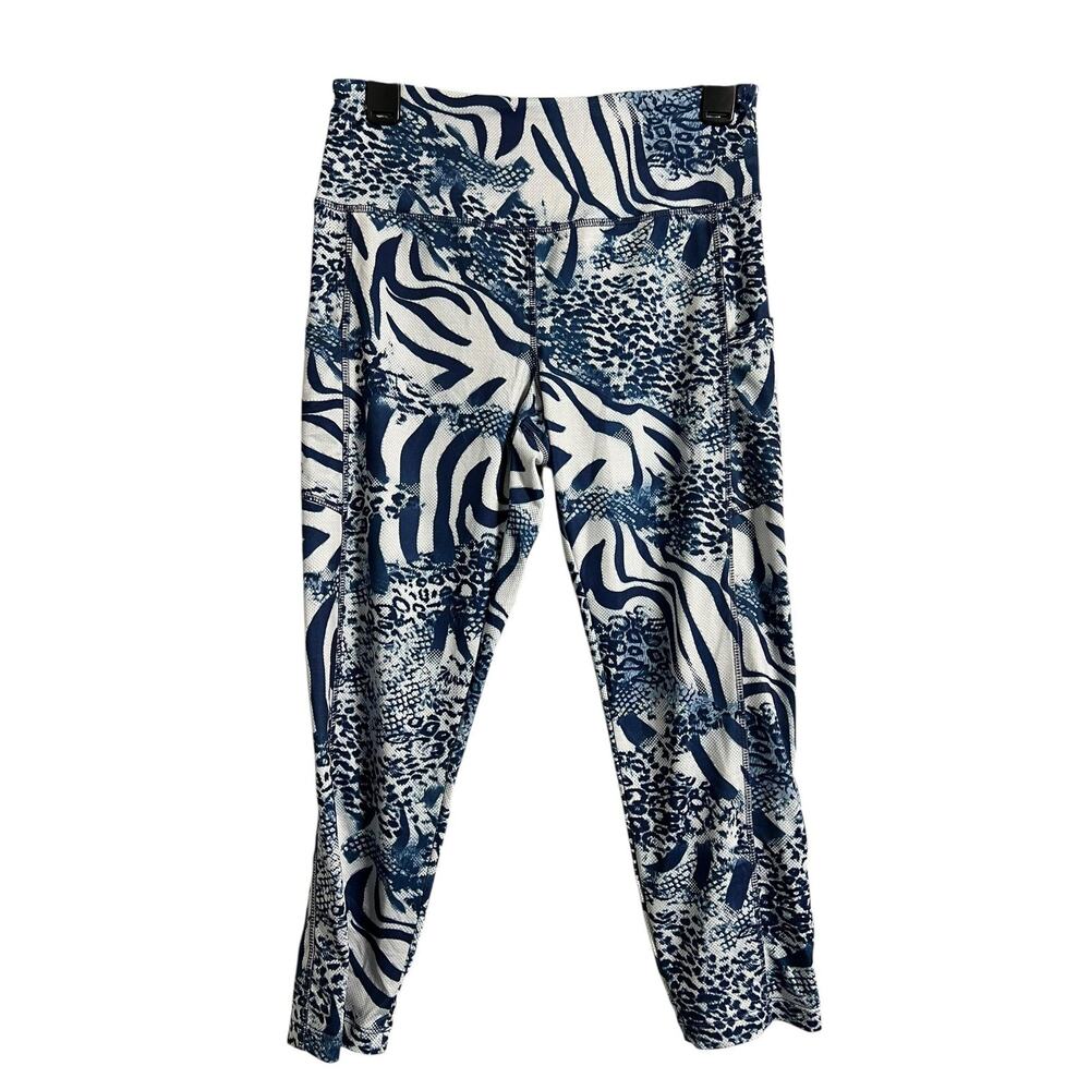 Cali Active Ankle Leggings Womens Medium Blue Animal Print Pockets Yoga Athletic